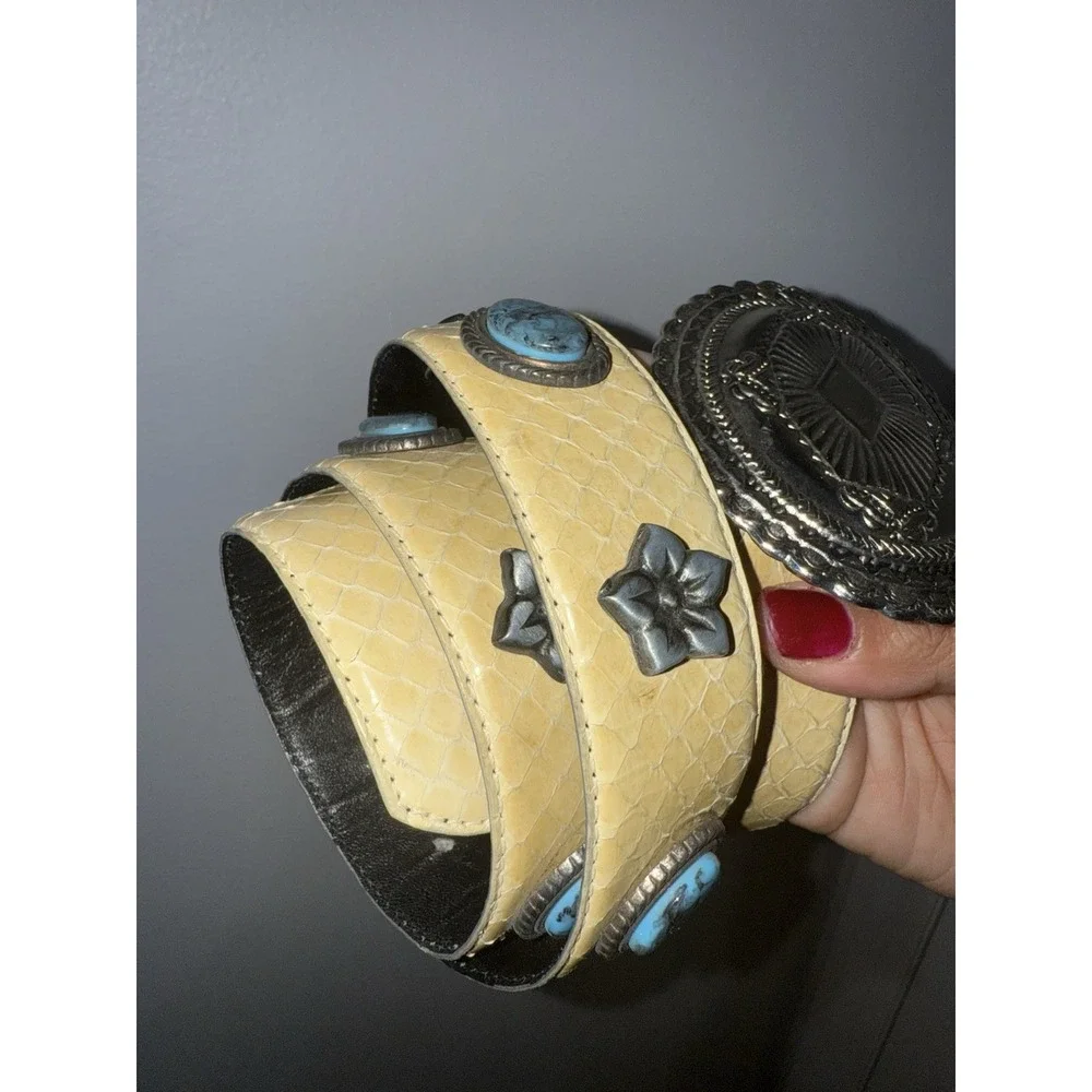 Western Belt Sz L  Turquoise Concho Silver Yellow Leather Snakeskin 36.5